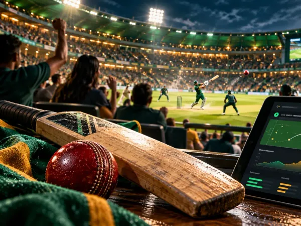 lucky777 Cricket bat and ball beside a match dashboard in a floodlit stadium