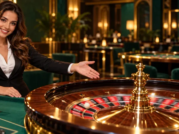lucky777 Female dealer presents a roulette wheel and chips at a green casino table