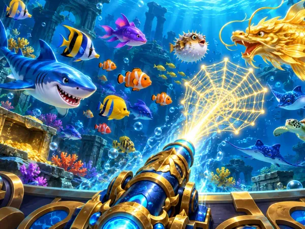 lucky777 Illustrated fishing cannon fires a glowing net towards colourful fish