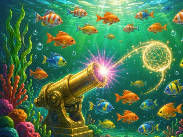lucky777 Golden cannon fires a glowing net at colourful fish underwater