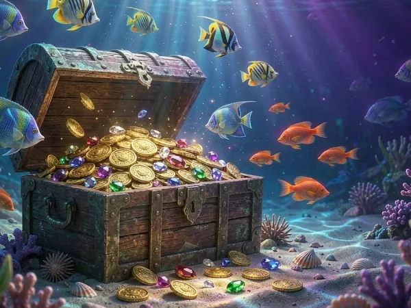 lucky777 Open treasure chest with coins and fish underwater