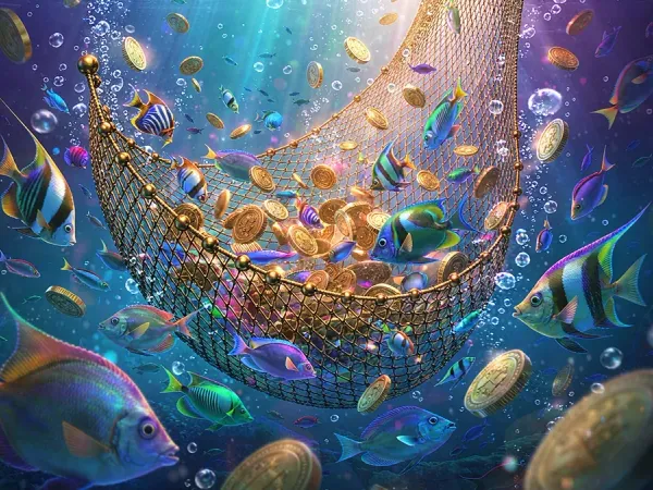 lucky777 Fish and gold coins surround an underwater net