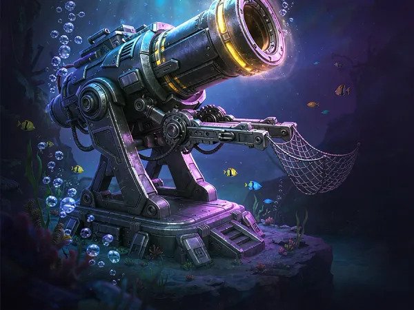 lucky777 Illustrated underwater cannon faces a school of fish