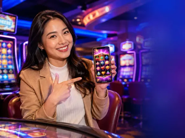lucky777 Woman points at a phone with illustrated reels in a casino