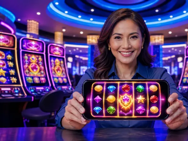 lucky777 Woman presents a phone with fruit reels under blue casino lighting