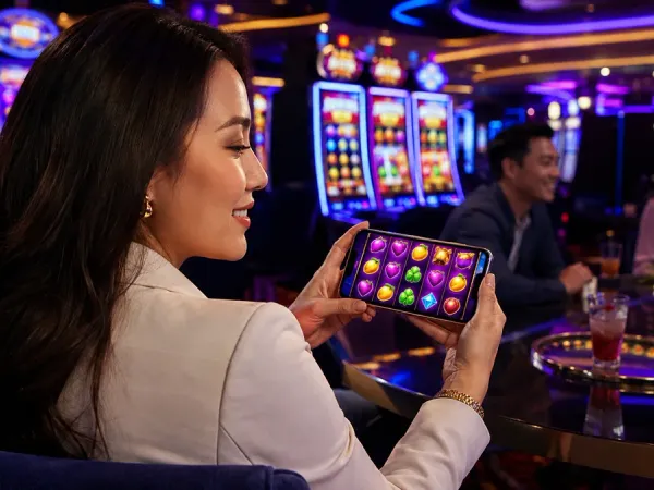 lucky777 Seated woman holds a phone beside illuminated slot machines