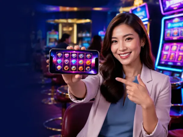 lucky777 Woman holds a phone horizontally showing colourful fruit reels