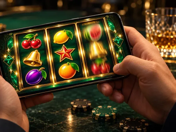 lucky777 Hands hold a phone with fruit slot reels and casino chips