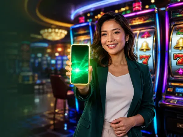 lucky777 Woman in a green blazer holds a glowing smartphone beside slot reels