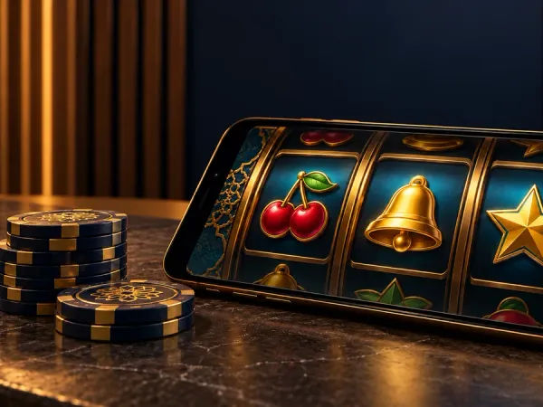 lucky777 Smartphone with illustrated fruit, bell and star reels beside casino chips