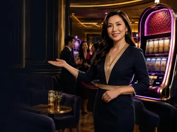 lucky777 Woman in a dark blazer stands beside a slot machine in a dim lounge