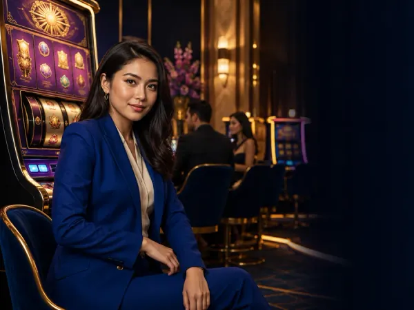 lucky777 Woman in a blue suit sits beside slot machines in a warm-lit lounge