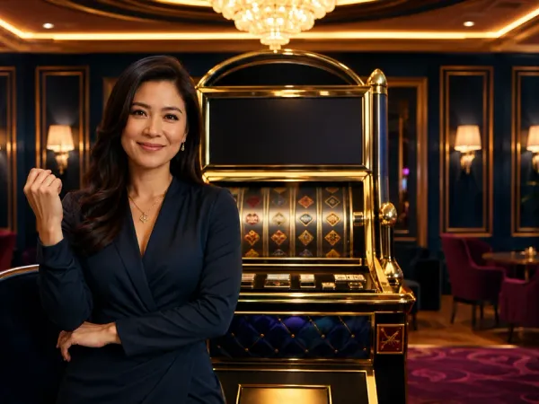 lucky777 Woman sits before a gold-framed slot machine in an elegant lounge
