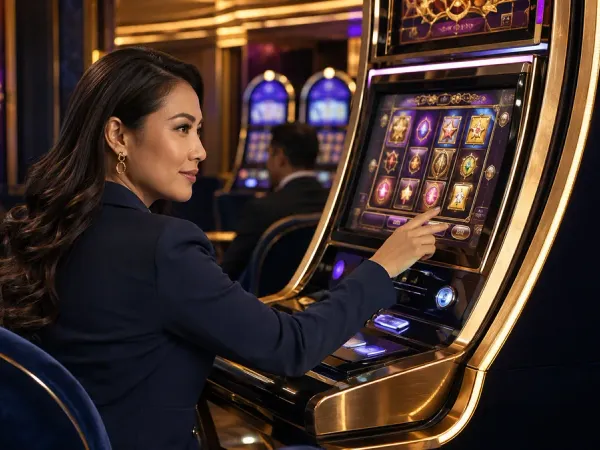 lucky777 Seated woman looks back from a slot machine with golden trim