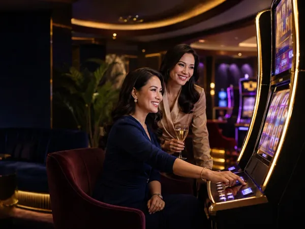 lucky777 Two women sit together at slot machines in a dark lounge
