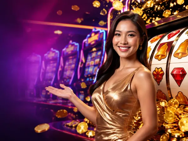 lucky777 Woman in a gold dress stands beside a slot machine and scattered gold coins