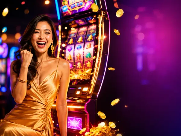lucky777 Woman stands beside gold-framed slot reels under bright casino lights