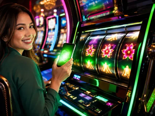 lucky777 Seated woman holds a green-lit phone beside a slot machine