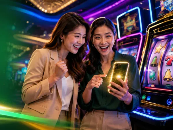 lucky777 Two women look at a smartphone beside green-lit slot machines