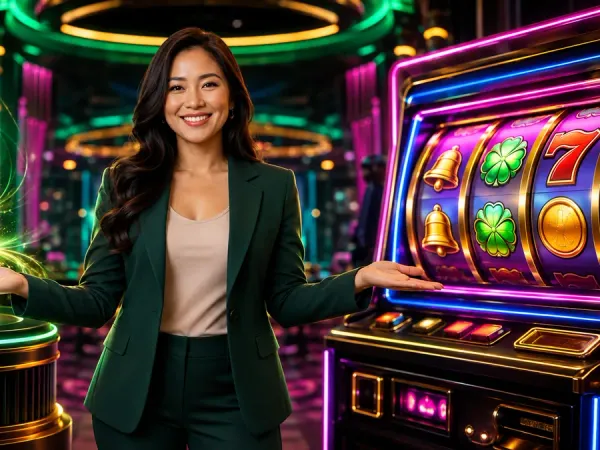 lucky777 Woman presents a glowing phone on a pedestal beside fruit slot reels