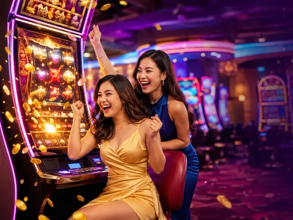 lucky777 Two women beside golden slot reels and illustrated coins