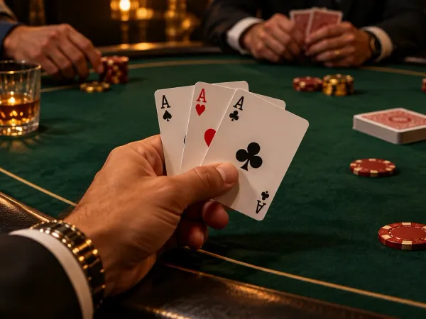 lucky777 Player holds three aces above a green card table with casino chips